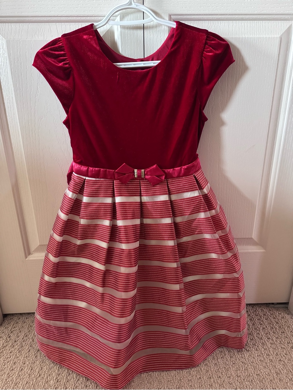 Jona Michelle Girls Red Velvet & Striped Bow Waist Party Dress - Size 10